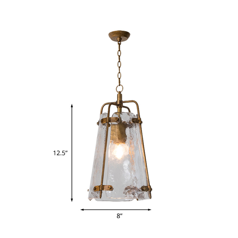 Gold Metal Cage Pendant Light With Clear Ripple Glass - Traditional Conical Design 1 Bulb