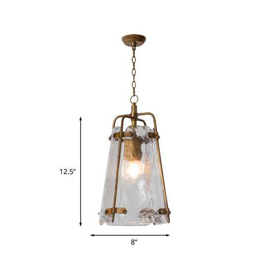 Gold Metal Cage Pendant Light With Clear Ripple Glass - Traditional Conical Design 1 Bulb