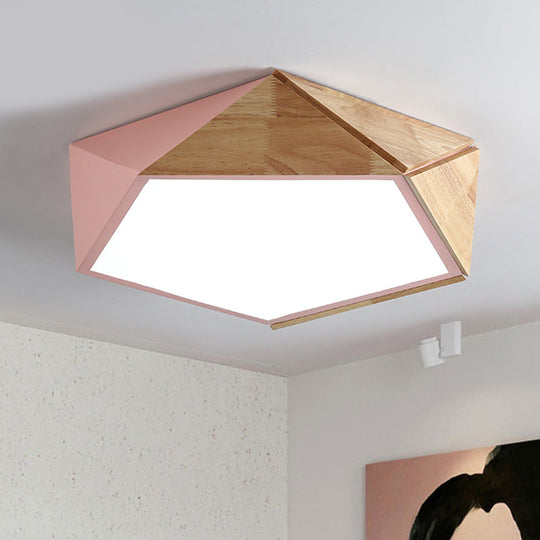 Wood Splicing 3D Pentangle LED Flush Mount Ceiling Lamp in Macaron Pink/Green, Warm/White Light, 16.5/20.5 Inches Wide