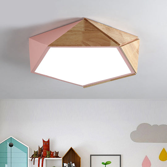 Wood Splicing 3D Pentangle LED Flush Mount Ceiling Lamp in Macaron Pink/Green, Warm/White Light, 16.5/20.5 Inches Wide