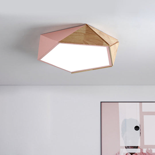 Wood Splicing 3D Pentangle LED Flush Mount Ceiling Lamp in Macaron Pink/Green, Warm/White Light, 16.5/20.5 Inches Wide