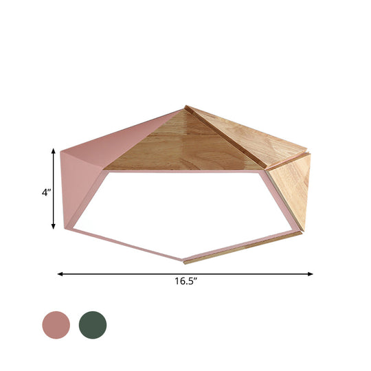 Wood Splicing 3D Pentangle LED Flush Mount Ceiling Lamp in Macaron Pink/Green, Warm/White Light, 16.5/20.5 Inches Wide