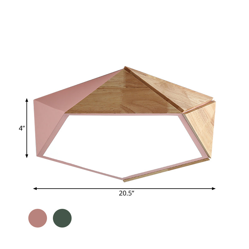 Wood Splicing 3D Pentangle LED Flush Mount Ceiling Lamp in Macaron Pink/Green, Warm/White Light, 16.5/20.5 Inches Wide