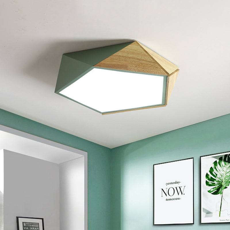 Wood Splicing 3D Pentangle LED Flush Mount Ceiling Lamp in Macaron Pink/Green, Warm/White Light, 16.5/20.5 Inches Wide