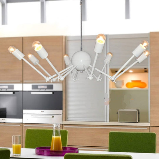 Modern White Spider Chandelier: Extendable, 8-Bulb Iron Pendant Light with Open Bulb Design