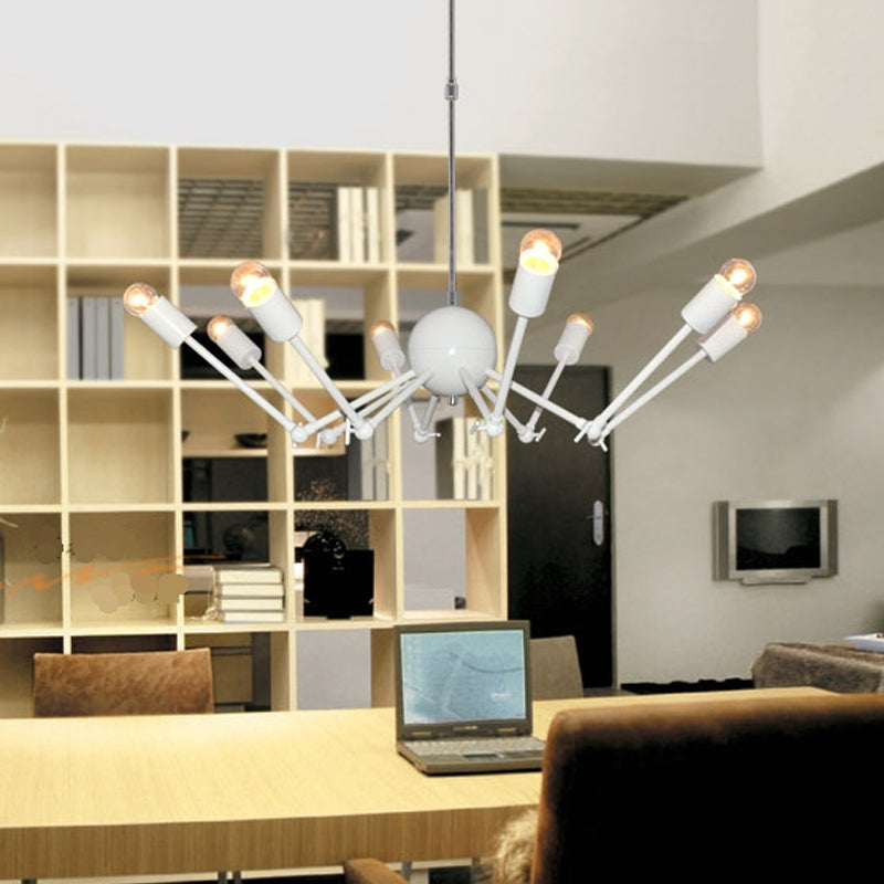 Modern White Spider Chandelier: Extendable, 8-Bulb Iron Pendant Light with Open Bulb Design
