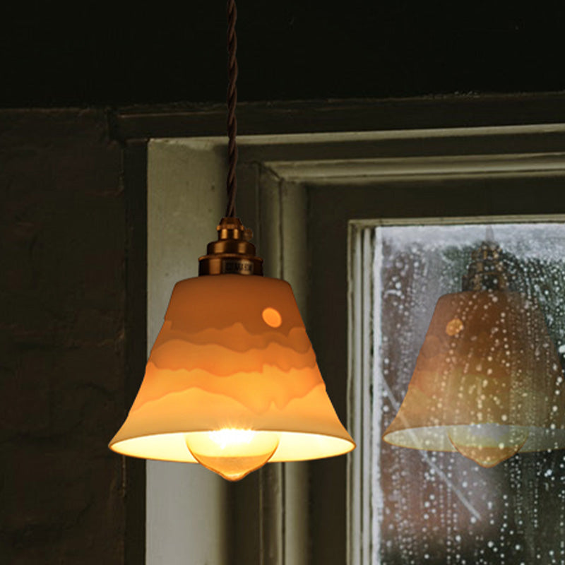 Flared Ceramic Ceiling Hanging Light Pendant Lamp With Carved Sunrise Scenery Countryside Style