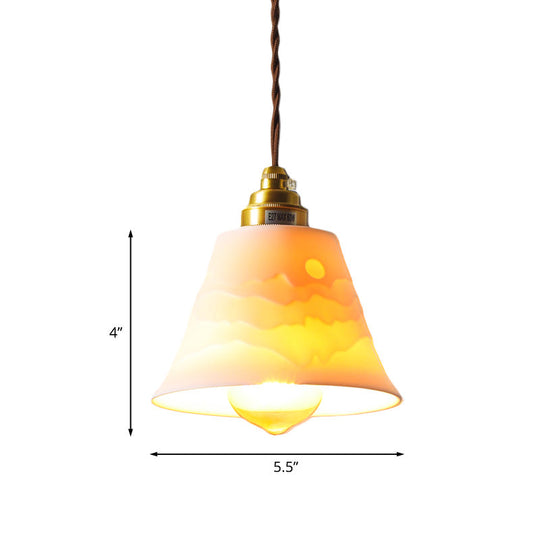 Flared Ceramic Ceiling Hanging Light Pendant Lamp With Carved Sunrise Scenery Countryside Style