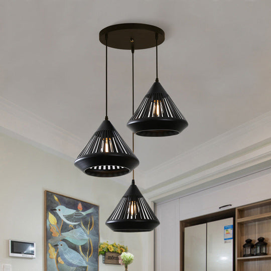 Retro 3-Head Diamond Iron Pendant Light with Black Canopy