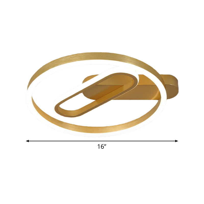 Simple Aluminum LED Ceiling Flush Mount Lighting in Gold - Circle and Oblong Shapes, Warm/White Light - 16"/19.5" Wide for Bedrooms