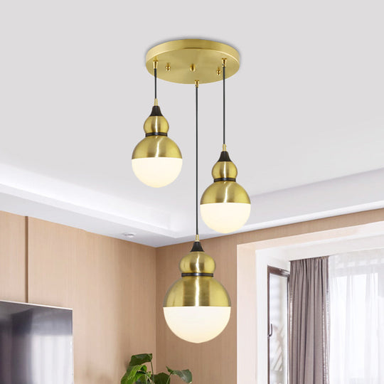 Modern Brass Gourd Dinette Pendant Light with Cream Matte Glass - 3 Bulbs, Multi-Light Hanging Design
