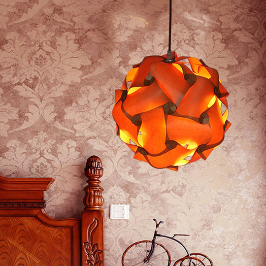 Minimalist Wood Pendant Light Kit - Pieced Globe Dinette Drop Design In Light-Brown (1 Bulb)