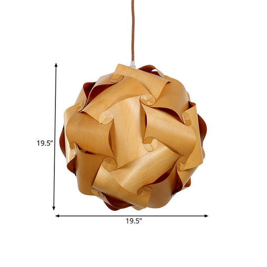 Minimalist Wood Pendant Light Kit - Pieced Globe Dinette Drop Design In Light-Brown (1 Bulb)