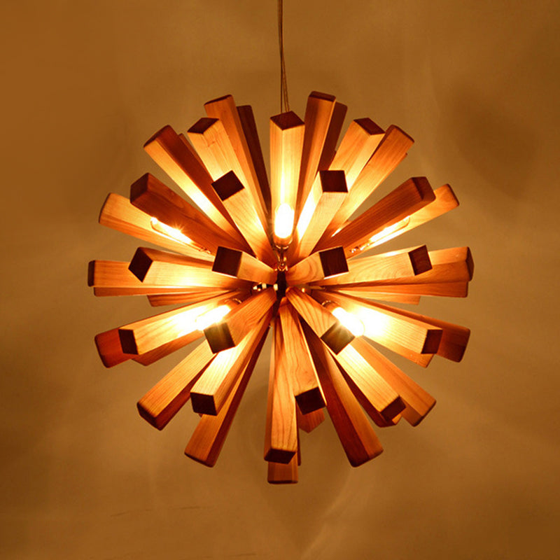 Asian-Inspired Starburst Wood Pendant Light Fixture For Restaurants