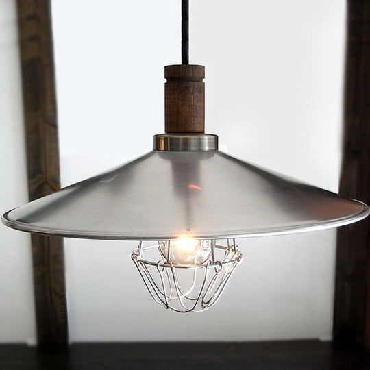 Modern Aluminum Pendant Light – Silver Saucer Design with Wire Cage & Wood Cork