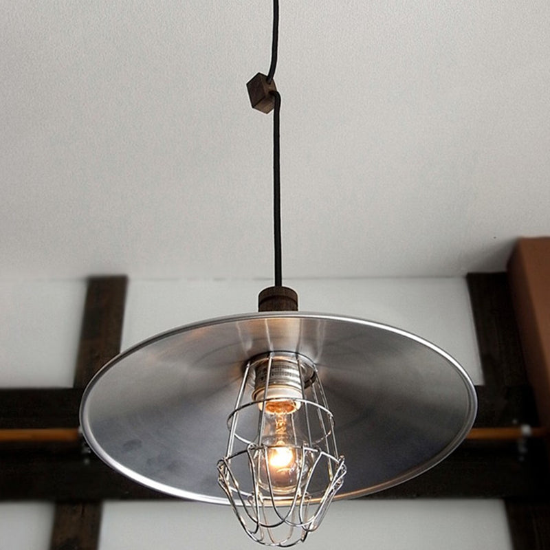 Modern Aluminum Pendant Light – Silver Saucer Design with Wire Cage & Wood Cork