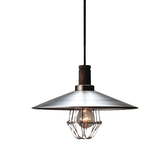 Modern Aluminum Pendant Light – Silver Saucer Design with Wire Cage & Wood Cork