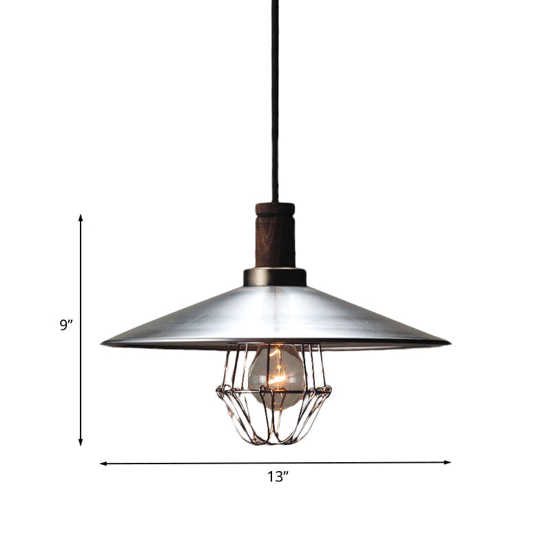 Modern Aluminum Pendant Light – Silver Saucer Design with Wire Cage & Wood Cork