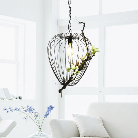 Vintage Pear Cage Iron Suspension Lamp - 1 Bulb Down Lighting Pendant Black 15/18 W Ideal For Study