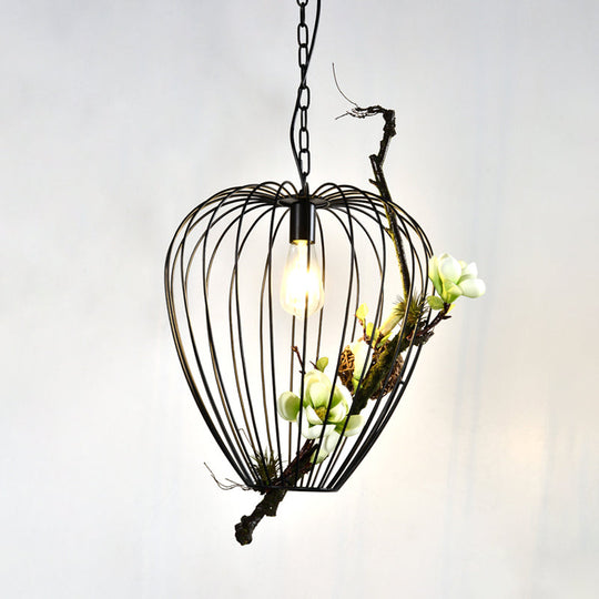 Vintage Pear Cage Iron Suspension Lamp - 1 Bulb Down Lighting Pendant Black 15/18 W Ideal For Study