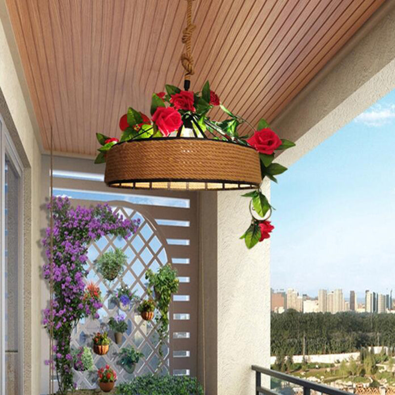 Black Round Cage Pendant Light Fixture With Hemp Rope Flower Design - Available In 12/16/19.5 Width