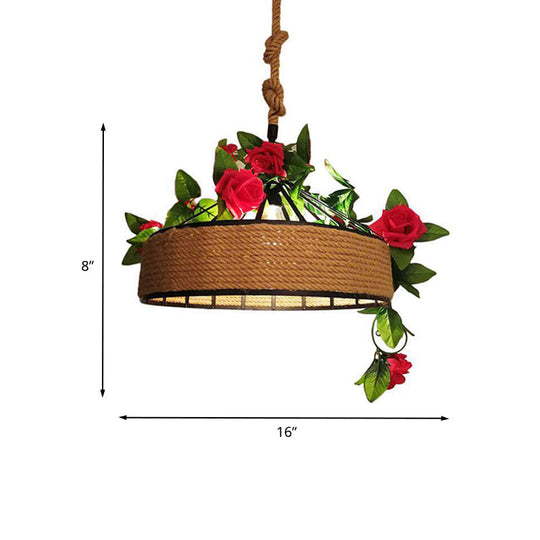 Black Round Cage Pendant Light Fixture With Hemp Rope Flower Design - Available In 12/16/19.5 Width