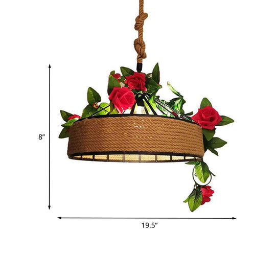 Black Round Cage Pendant Light Fixture With Hemp Rope Flower Design - Available In 12/16/19.5 Width