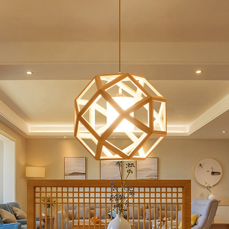 Asia Wood Globe Pendant Light With Beige Fabric Shade - Single Bulb Hanging Lamp