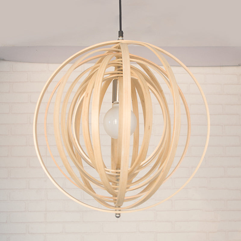 Rippling Sphere Wood Pendant Light Kit - Asian 1 Beige Hanging Fixture For Table