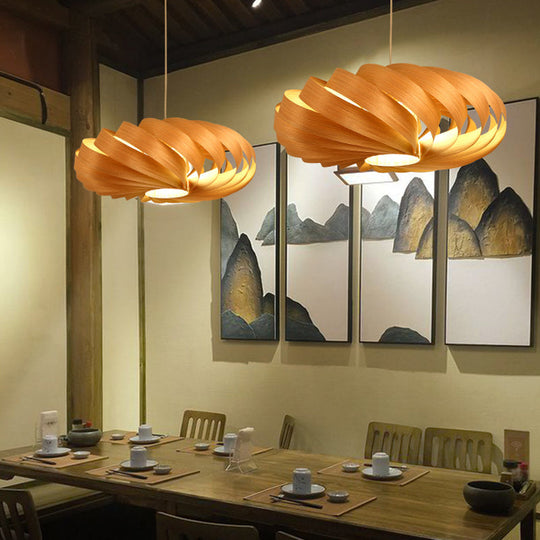 Wooden Beige Asian Pendant Light - Modern Twisted Lantern Ceiling Lamp For Dining Table