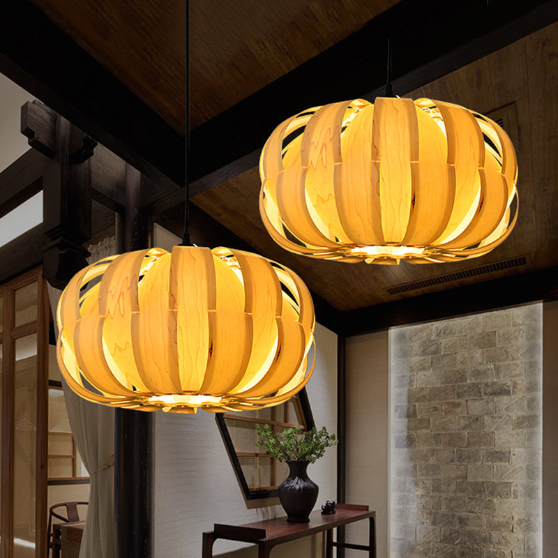 Pumpkin Parlor Hanging Light Kit: Wooden 2-Light Asian Pendant In Beige - Striking Suspension