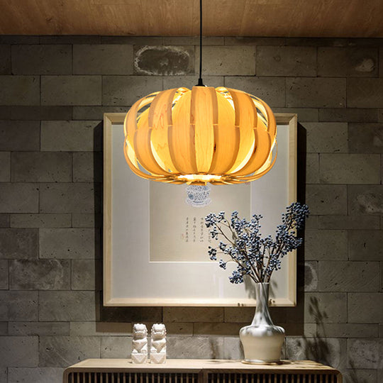 Pumpkin Parlor Hanging Light Kit: Wooden 2-Light Asian Pendant In Beige - Striking Suspension