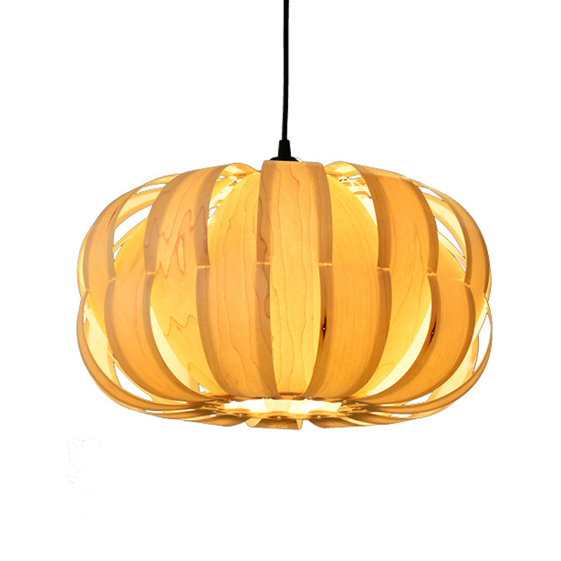 Pumpkin Parlor Hanging Light Kit: Wooden 2-Light Asian Pendant In Beige - Striking Suspension