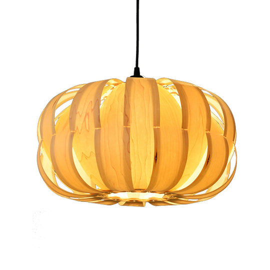 Pumpkin Parlor Hanging Light Kit: Wooden 2-Light Asian Pendant In Beige - Striking Suspension