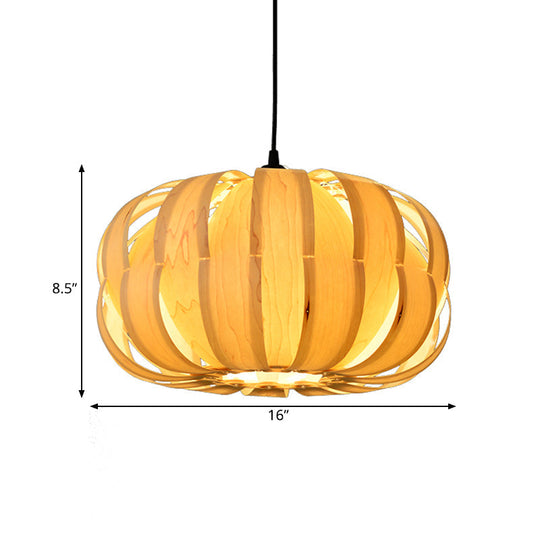 Pumpkin Parlor Hanging Light Kit: Wooden 2-Light Asian Pendant In Beige - Striking Suspension