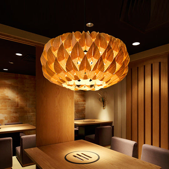 Chinese Style Wood Lotus Drum Pendant Lamp - Single Beige Suspension Lighting For Tearoom
