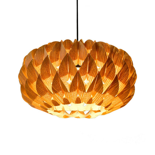 Chinese Style Wood Lotus Drum Pendant Lamp - Single Beige Suspension Lighting For Tearoom