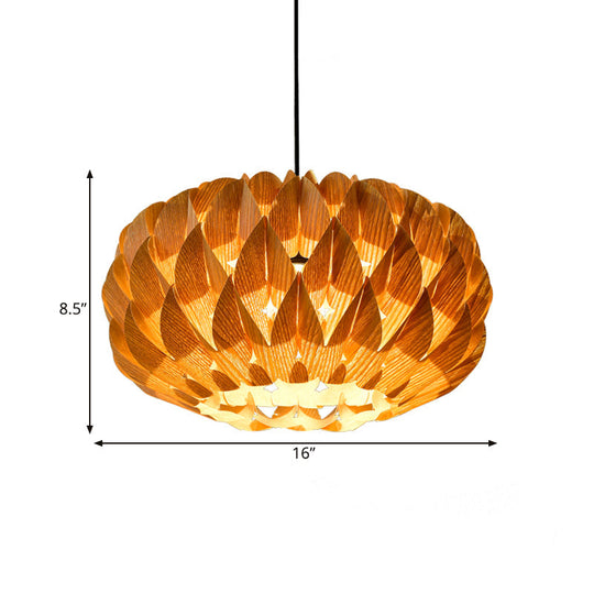 Chinese Style Wood Lotus Drum Pendant Lamp - Single Beige Suspension Lighting For Tearoom