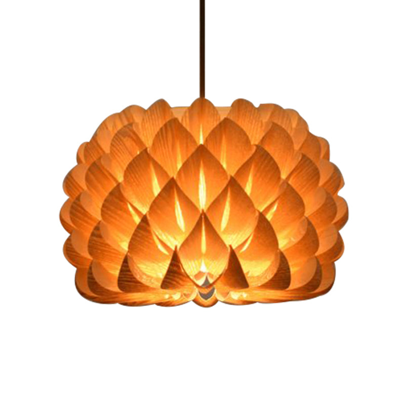 Handcrafted Blooming Wood Pendant Light - Asian 1-Light Beige Fixture