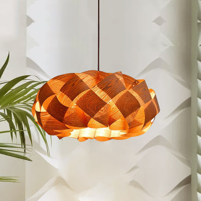 Stranded-Weaving Asian Drum Shade Pendant Ceiling Light In Beige Wood