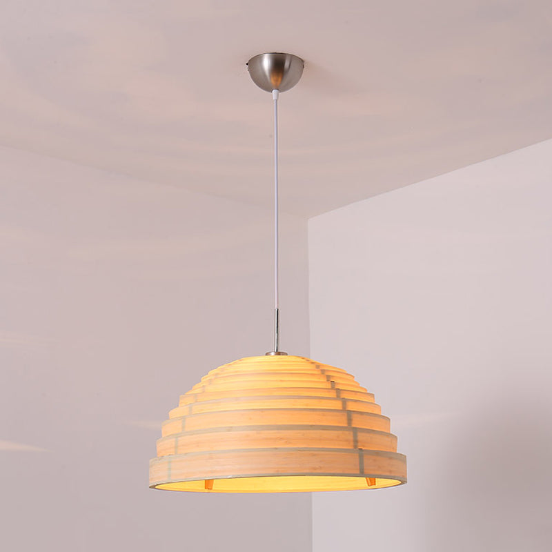 Minimalist Wood Hemispherical Pendant Light In Beige For Living Room Ceiling