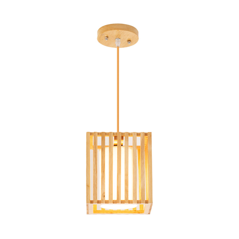 Modern Wooden Square Cage Pendant Light Kit - 1 Beige Hanging Ceiling With Inner Fabric Shade