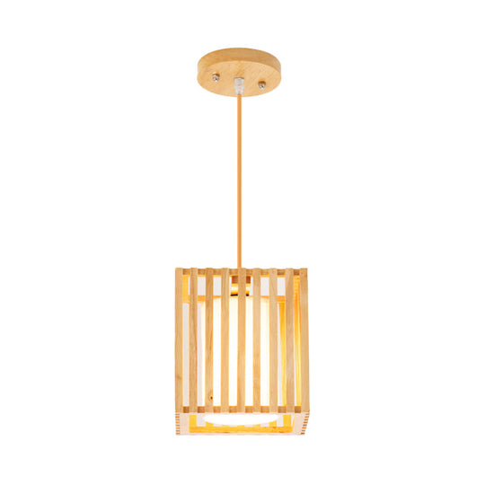 Modern Wooden Square Cage Pendant Light Kit - 1 Beige Hanging Ceiling With Inner Fabric Shade