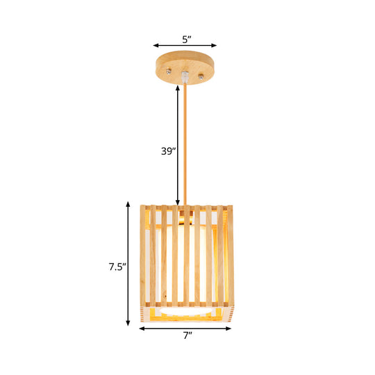 Modern Wooden Square Cage Pendant Light Kit - 1 Beige Hanging Ceiling With Inner Fabric Shade