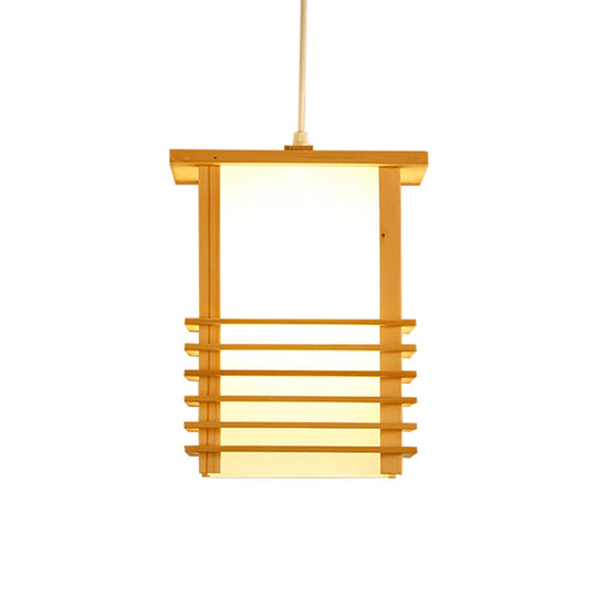 Japanese Style Pinewood Hanging Lantern With Cage Guard - Beige Pendant Light For Restaurant Ceiling