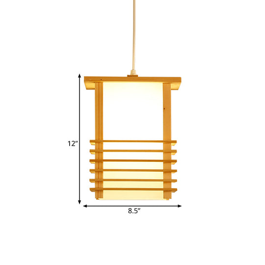 Japanese Style Pinewood Hanging Lantern With Cage Guard - Beige Pendant Light For Restaurant Ceiling