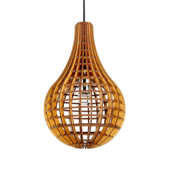 Minimalist Wooden Raindrop Pendant Lighting - 1-Light Brown Suspension Light With Grid Design