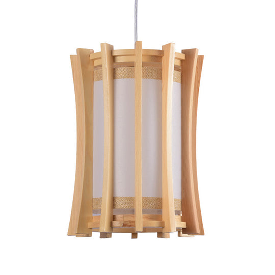 Asia Pvc Pendant Light Fixture: Cylindrical Ceiling Lamp With Wood Cage And Beige Finish