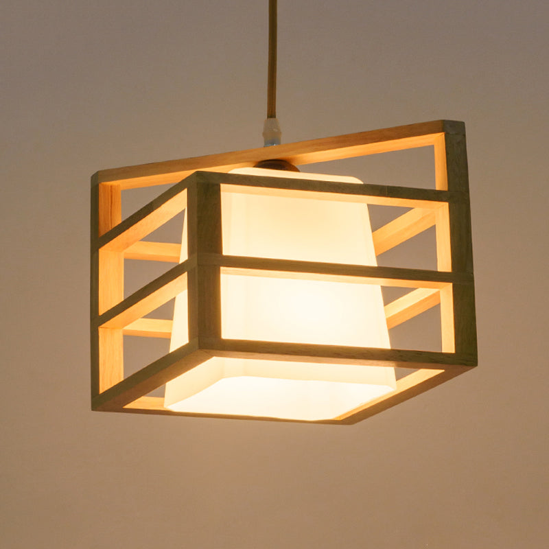 Rhombus Cage Pendant Asian Ceiling Light With Glass Lamp Shade - Kitchen Dinette Wood Hanging