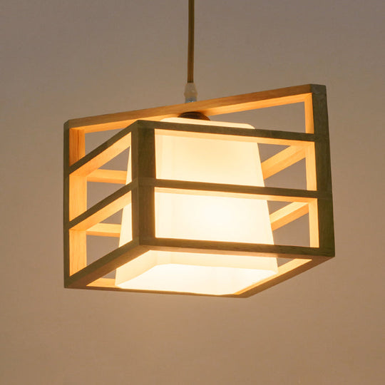 Rhombus Cage Pendant Asian Ceiling Light With Glass Lamp Shade - Kitchen Dinette Wood Hanging